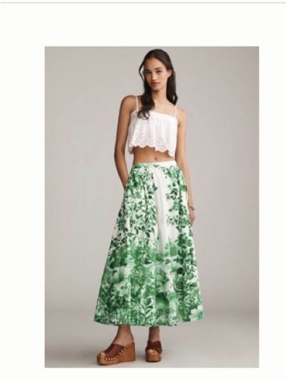 Anthropologie White and Green Floral Maxi Skirt